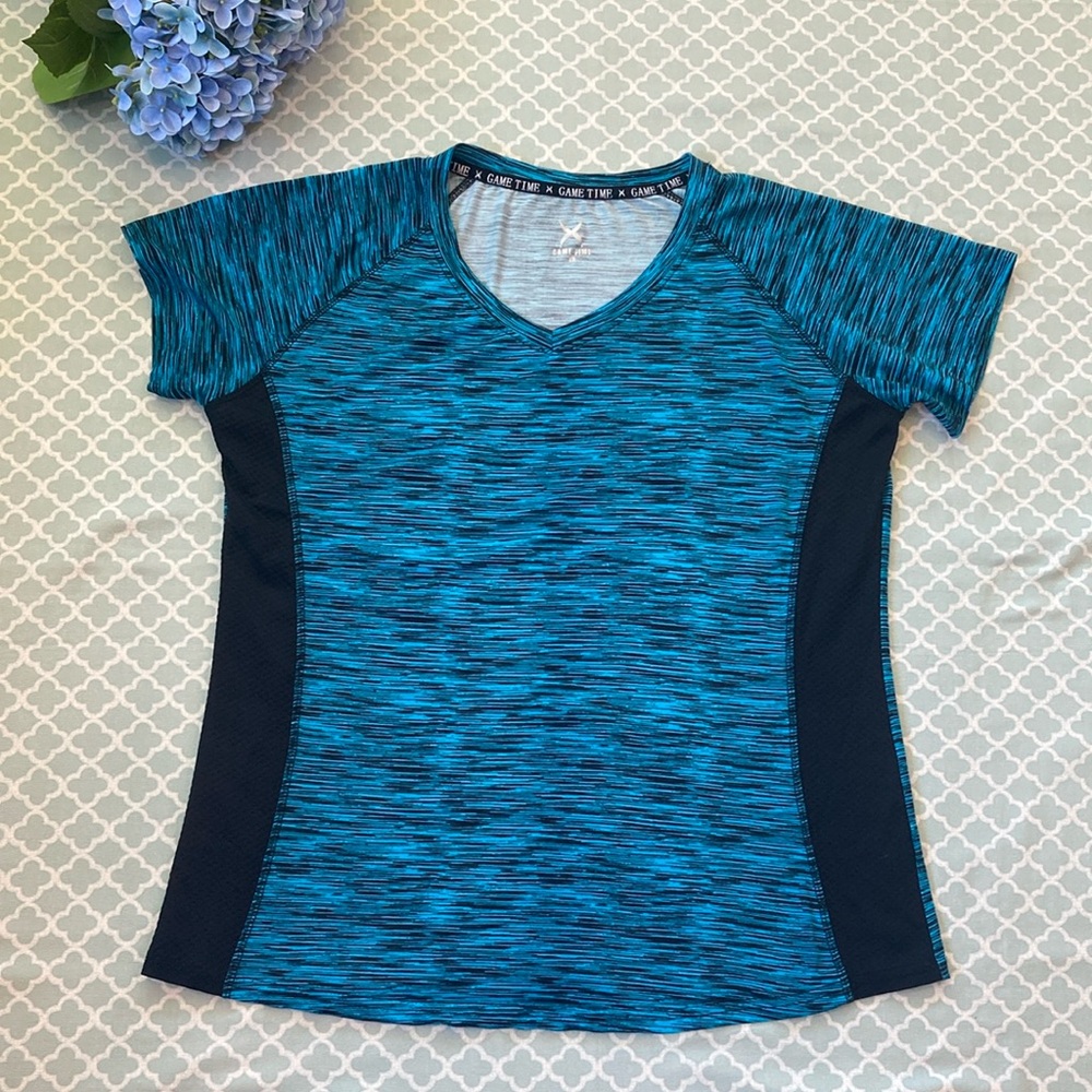 Game Time V Neck Teal Marled Workout Top 1X